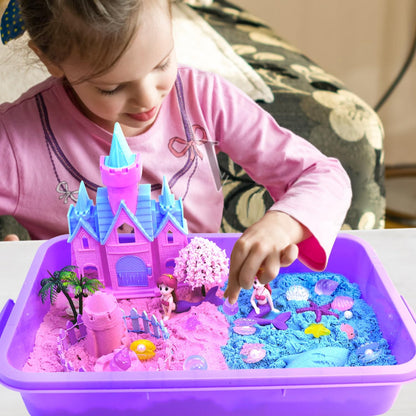 Mermaid Sensory Bin,Play Sand Art Sand Play Set Fine Motor Skills Montessori Sand Toys with 2.2 lbs Sand & Castle Molds & Sand Shovel Tools,Ocean Theme Educational Toys for Aged 3-8 Girls