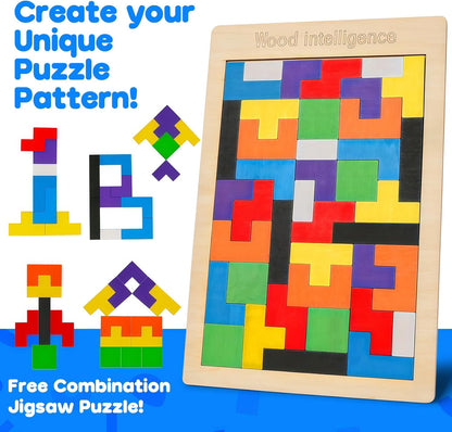 Skrtuan 5 Pack Wooden Puzzles Set - STEM Montessori Educational Board Games and Logic Traning Brain Teaser Geometric Shapes Tangram Puzzle Games for Kids Ages 3+