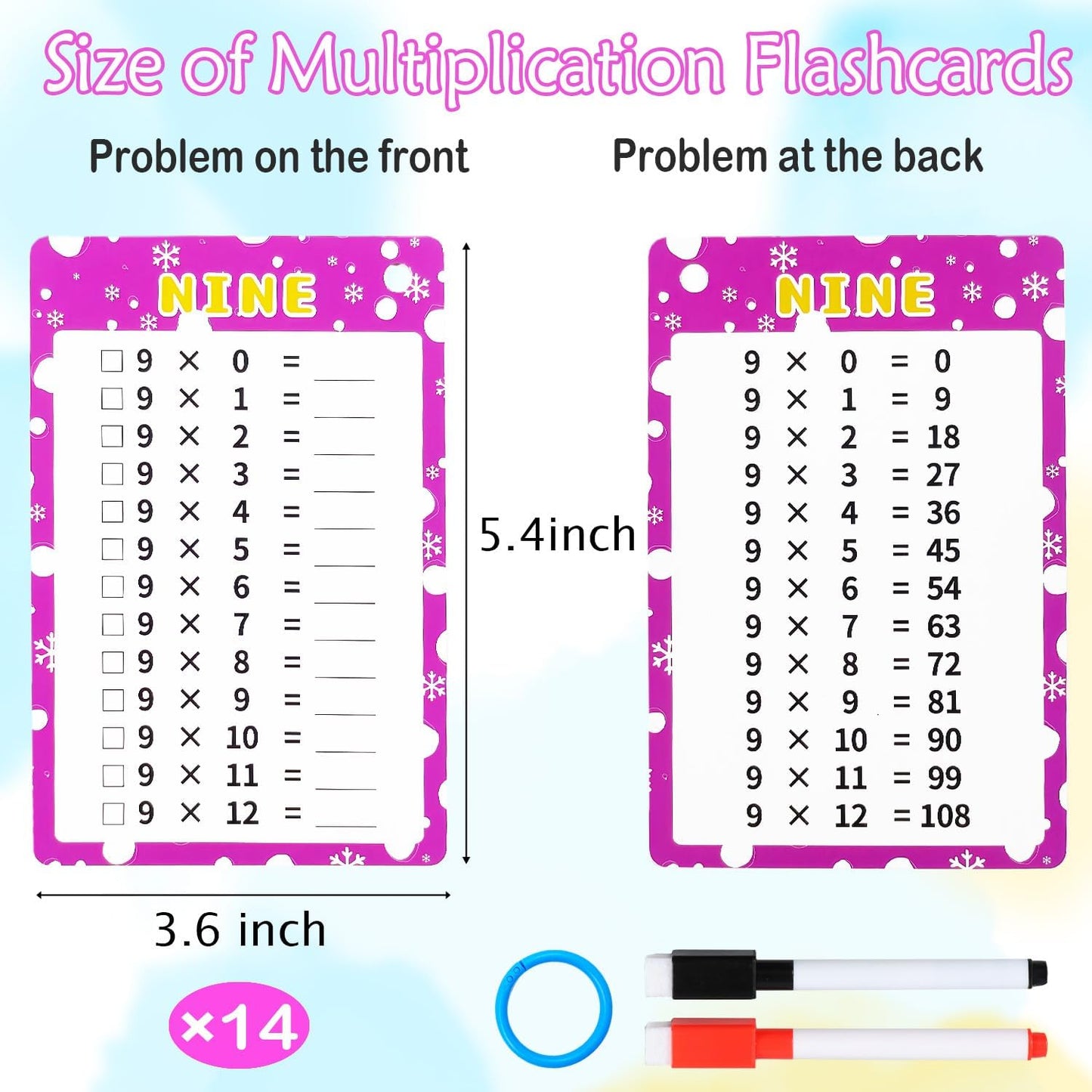 0-12 Multiplication Flash Cards, Large Educational Math, Times Table Flashcards Chart, with 15 Cards, 2 Dry Erase Markers, 1 Rings, Educational Multiplication for Classroom Home