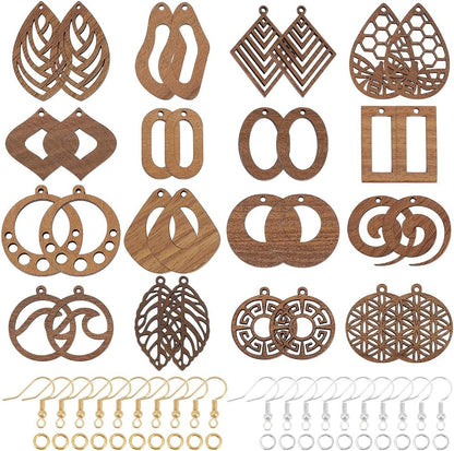Wooden Dangle Earring Making Kit for Jewelry Making with 48Pcs 8 Western Style Wooden Colorful Pendants Teardrop Charms 48Pcs Earring Hook 100Pcs Jump Rings Gold Silver