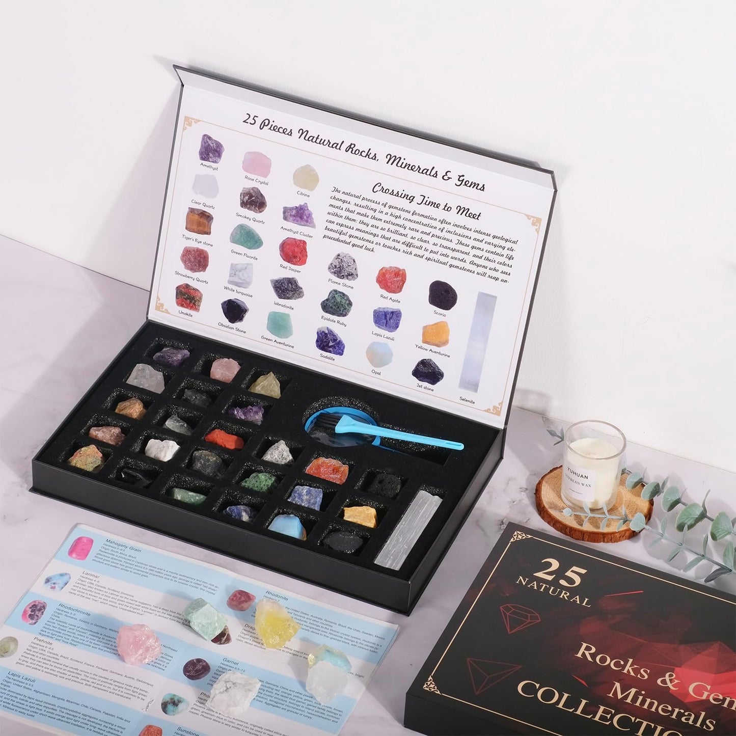 Rock Collection for Kids, 25PCS Crystal Gem Mineral Collection Set Box Gift for Boys and Girls, Natural Gemstone with Learning Guide Education Set