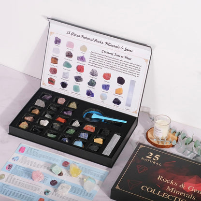 Rock Collection for Kids, 25PCS Crystal Gem Mineral Collection Set Box Gift for Boys and Girls, Natural Gemstone with Learning Guide Education Set