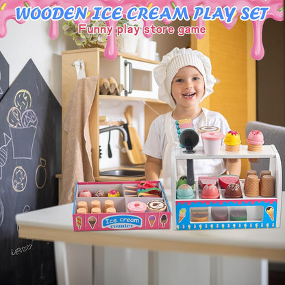 Ice Cream Play Set, Wooden Ice Cream Toy, Wooden Play Food, Ice Cream Shop Playset, Pretend Play Toys for Toddlers, Kitchen Toys Gift for Girls Boys 3 4 5 6 Year Old