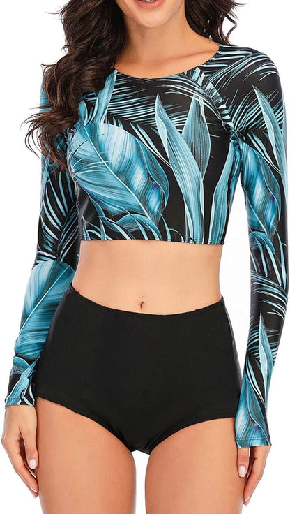 JadeRich Women's Fashion Pattern Long Sleeve Tankini Sets UPF 50+ Rash Guard Swimsuit Sun Block Swimwear