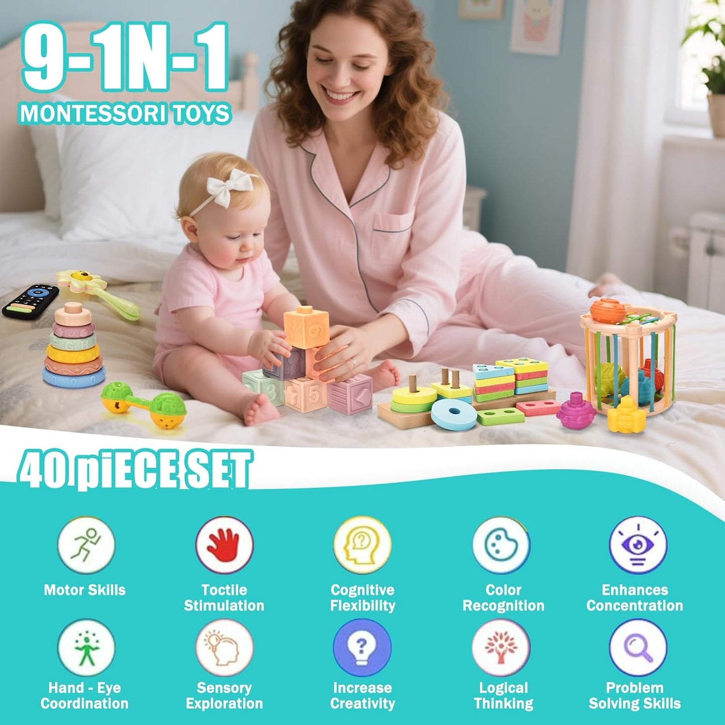 Baby Toys 6 to 12 Months 9 in 1 Montessori Teething Toys Sorting Sensory Educational Learning Gift for Toddlers Aged 1-3