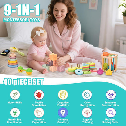 Baby Toys 6 to 12 Months 9 in 1 Montessori Teething Toys Sorting Sensory Educational Learning Gift for Toddlers Aged 1-3