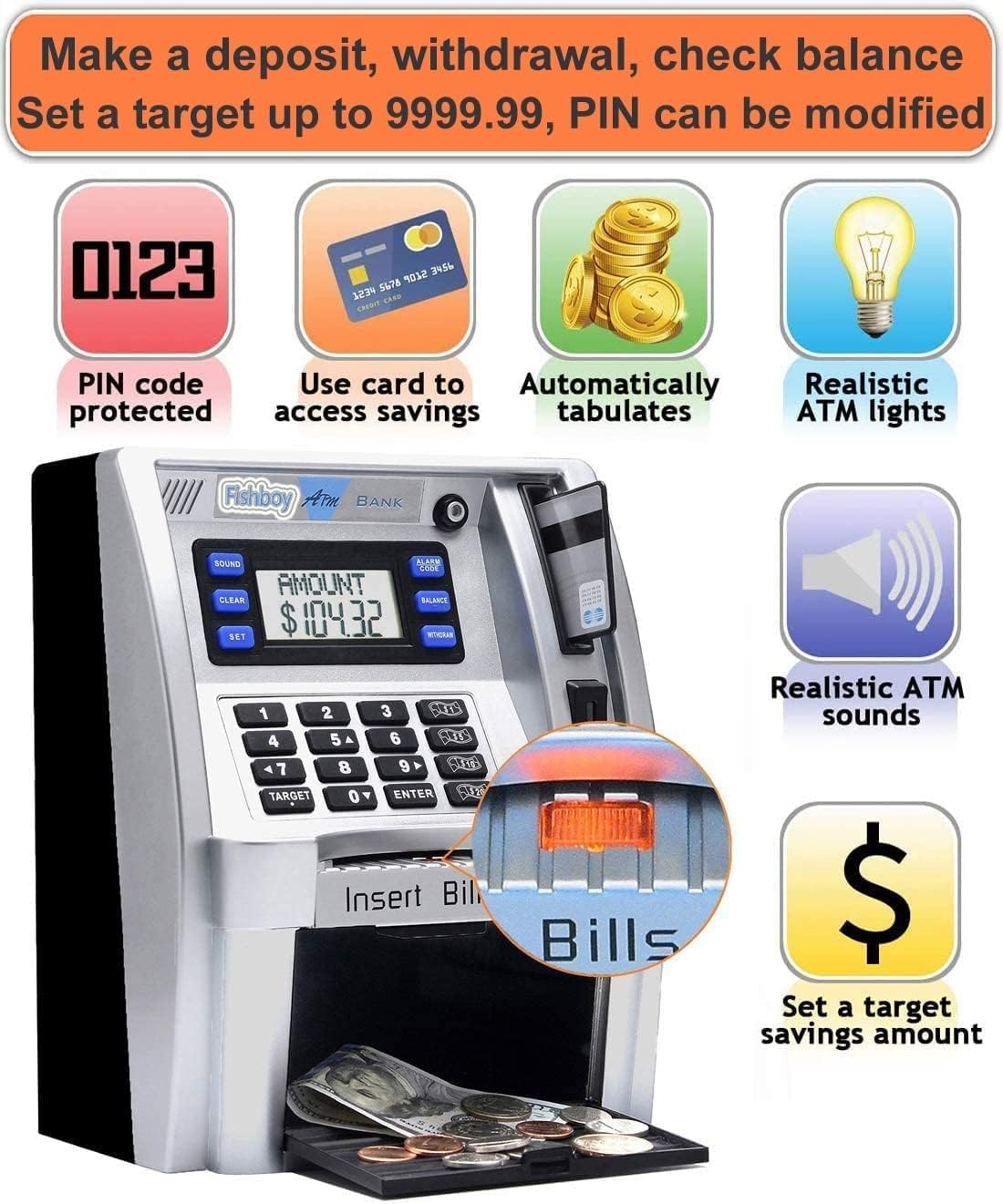 Fishboy Talking Pink ATM Piggy Bank for Kids with Dual Debit Cards, Power-Off Memory, Auto-Opening Drawer for Real Money for Girls, Onekey Shutdown, Bill Feeder, Coin Recognition, Balance Calculator