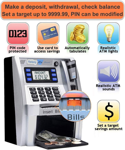 Fishboy Talking Pink ATM Piggy Bank for Kids with Dual Debit Cards, Power-Off Memory, Auto-Opening Drawer for Real Money for Girls, Onekey Shutdown, Bill Feeder, Coin Recognition, Balance Calculator