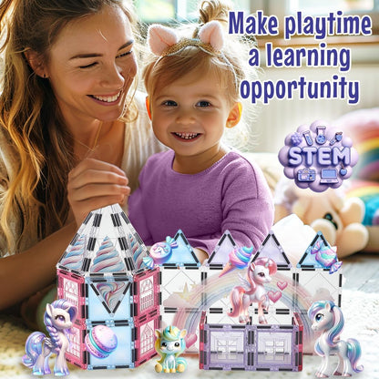 Little Pi 104pcs Frozen Princess Castle Magnetic Tiles Building Blocks - 3D Diamond Blocks, STEM Educational Toddler Toys for Pretend Play, 4 Year Old Girl Birthday Gifts Kids Ages 3 5 6 7 8 - Pink