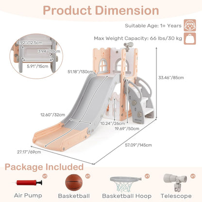 OLAKIDS Toddler Slide and Swing Set, 7 in 1 Kids Indoor Outdoor Playground with Climber Basketball Hoop Telescope Toy Storage for Boys Girls Aged 1+ (Grey)