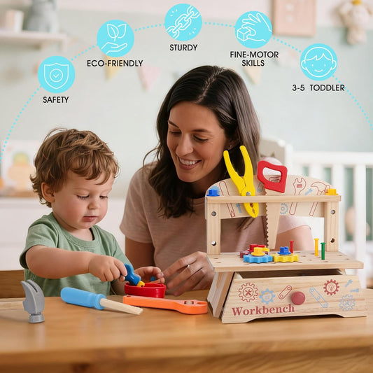 REXBETI Kids Tool Set with Electric Drill, 43Pcs Wooden Toddler Tool Bench with Apron, Educational Montessori Toys for 3 Year Old Boys, Toddler Tool Set, Birthday Gifts for 3 4 5 Year Old Boy Girl