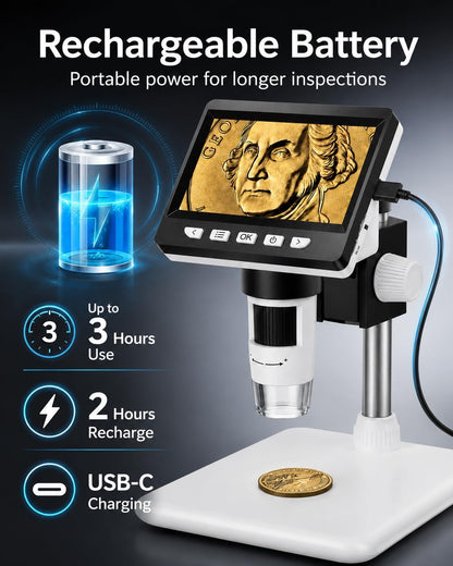 Coin Microscope, 4.3 Inch Digital Microscope 1000X Coin Microscope for Error Coins with 8 Adjustable LED Lights, PC View Compatible with Windows & MacOS