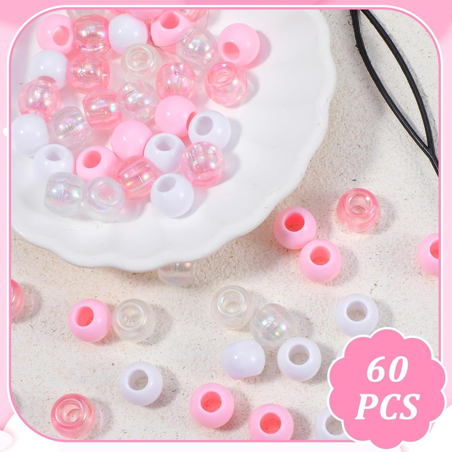 Hair Beads for Girls Hair 60pcs Acrylic Pony Hair Bead Bulk for Braids Dreadlock Beads for Kids Hair Bracelets Crafts(Pink)