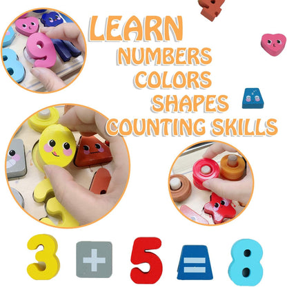 QZMTOY Counting Shape Stacker Wooden Count Sort Stacking Tower with Wood Colorful Number Shape Math Blocks for Kids Preschool Educational Toddlers Toy