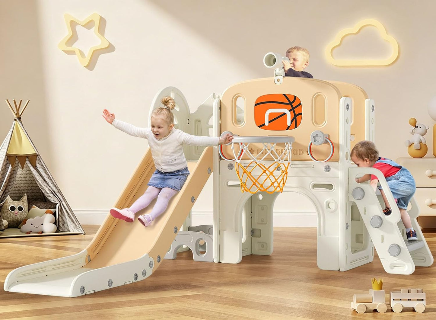 BIERUM 9 in 1 Toddler Slide, Kid Slide for Toddlers Age 1-3 with Ring Toss, Basketball Hoop, and Telescope, Indoor Outdoor Playset Playground Beige Gray