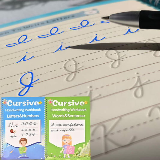 2 Pack Grooved Cursive Handwriting Workbook, Magic Reusable Grooved Handwriting Practice with Disappearing Ink Pens Cursive Writing Practice Book for Kids Beginners（2pc+Pens）（10.2in x 7.3in）
