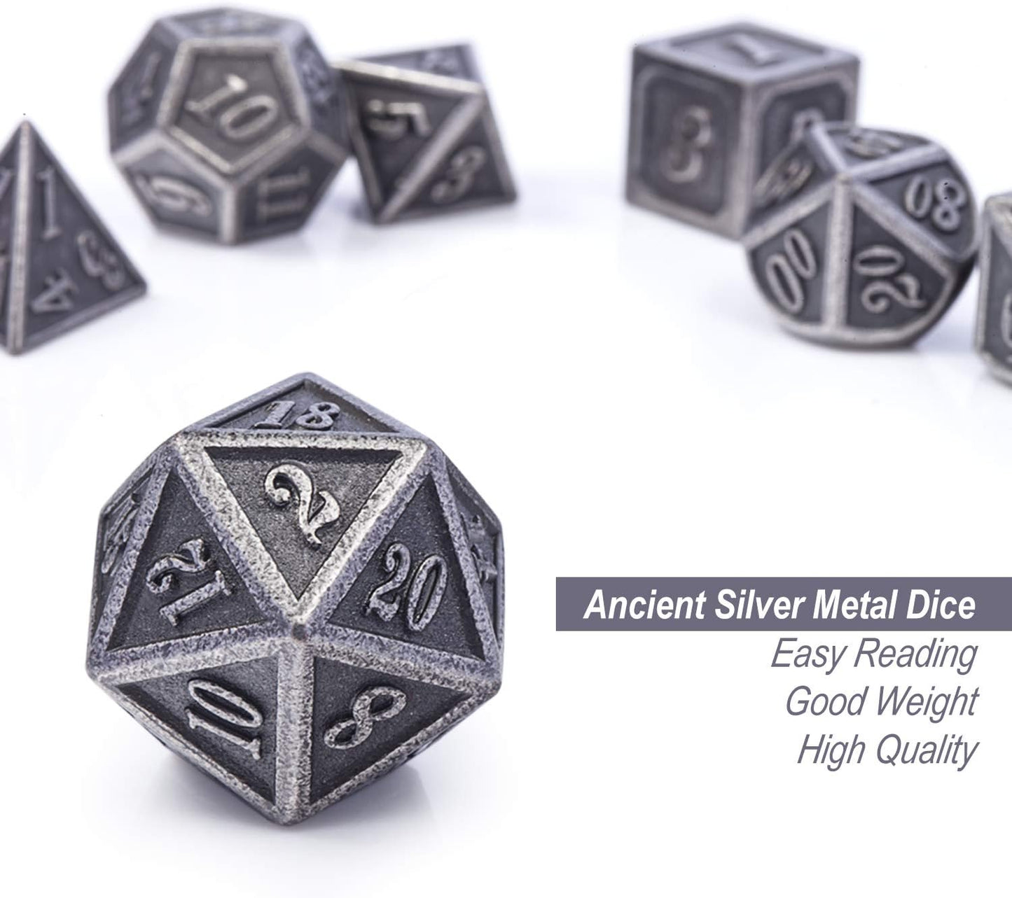 DnDnD Heavy Polyhedral Metal Dice Set with Metal Box, 7-die Shiny Blue Surface with Golden Number for RPG,Dungeons and Dragons,Pathfinder,Shadowrun,D&D,Role Palying Game and Math Teaching - Colors A