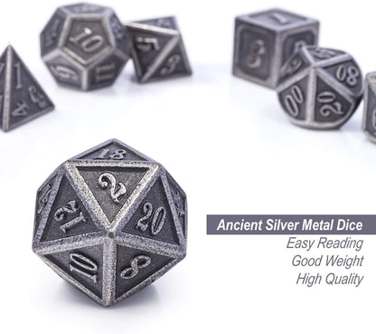 DnDnD Heavy Polyhedral Metal Dice Set with Metal Box, 7-die Shiny Blue Surface with Golden Number for RPG,Dungeons and Dragons,Pathfinder,Shadowrun,D&D,Role Palying Game and Math Teaching - Colors A