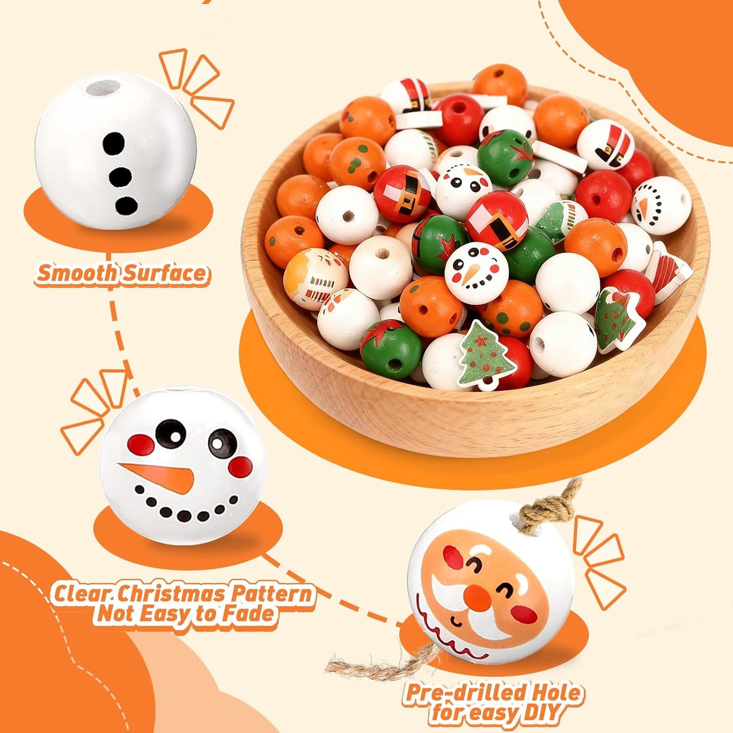 Christmas Wood Beads for Crafts DIY Ornaments,144 Pcs Premium Wooden Beads Garland with Twine, Santa, Snowman Elf Charms - Adult Kids Craft Kits for Xmas Decor, Holiday Party Supplies