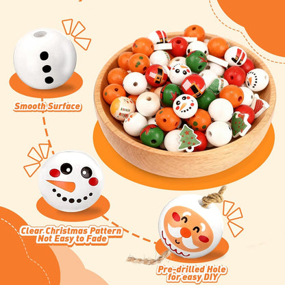 Christmas Wood Beads for Crafts DIY Ornaments,144 Pcs Premium Wooden Beads Garland with Twine, Santa, Snowman Elf Charms - Adult Kids Craft Kits for Xmas Decor, Holiday Party Supplies