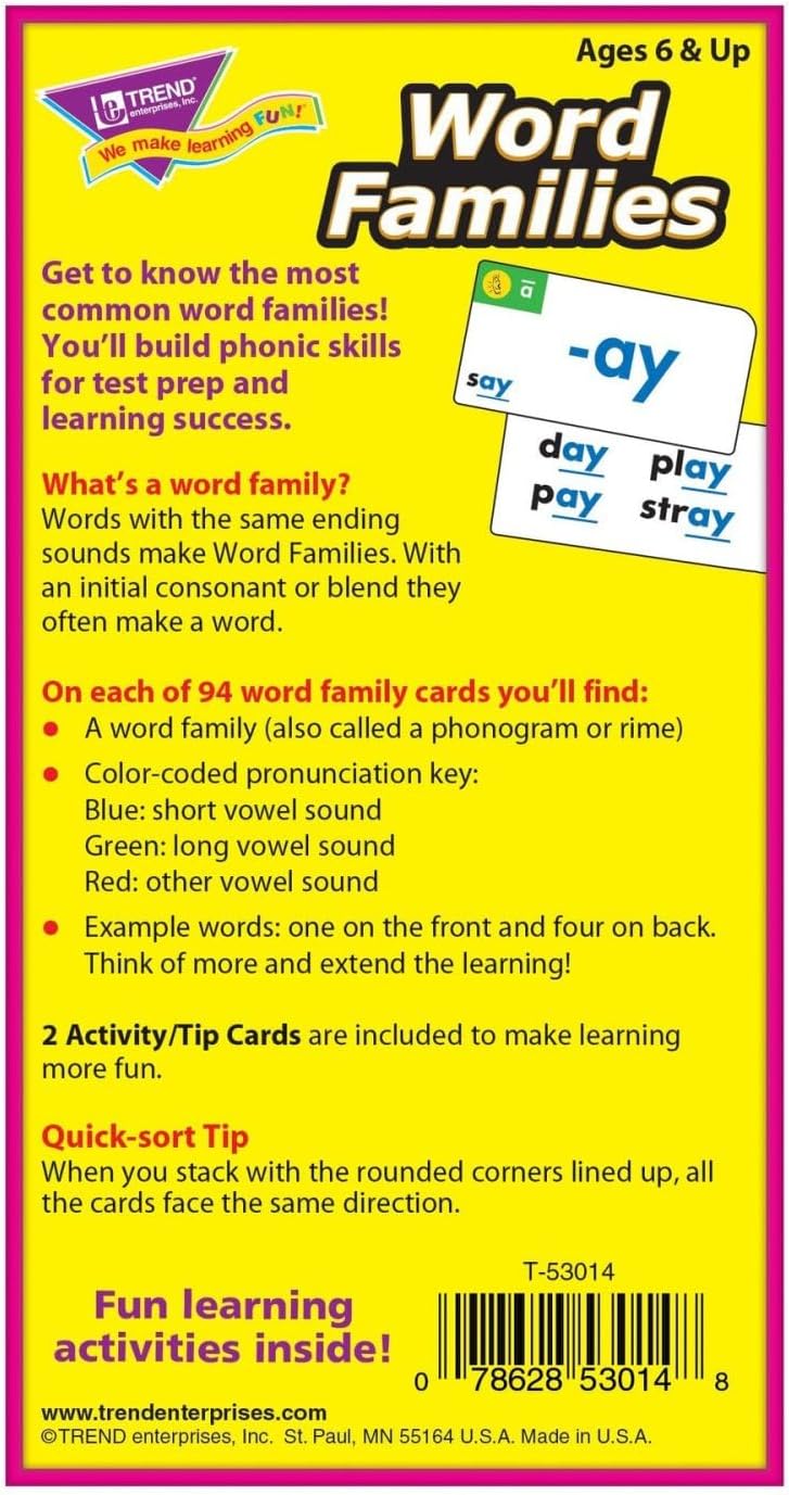 Trend Enterprises: Word Families Skill Drill Flash Cards, Content-Rich Cards to Practice and Master, Great for Skill Building and Test Prep, 96 Cards Included, Ages 6 and Up