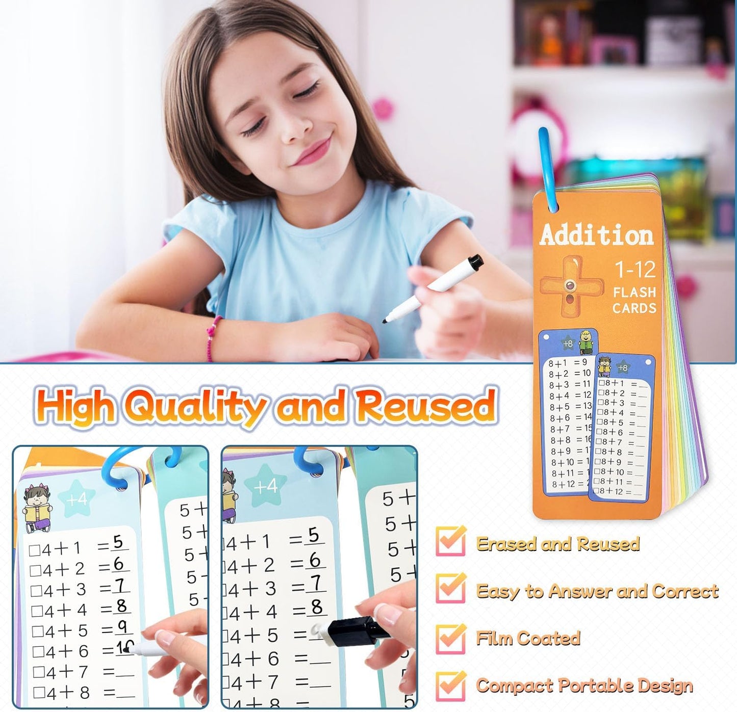 Multiplication Flash Cards 0-12, 15PCS Times Table Flash Cards Chart, with Dry Erase Markers Sorting Ring, 1st, 2nd, 3rd Grades Educational Math Multiplication Game for Kids Classroom Home