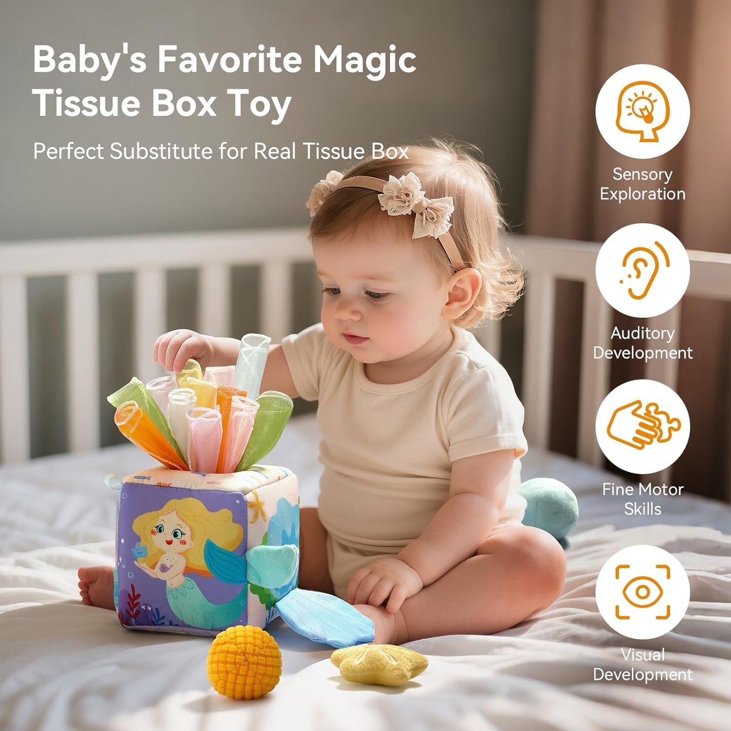 Youuys Baby Tissue Box Toy for Babies 6-12 Months, Montessori Sensory Toys for 1 Year Old Boy, Infant Toy with Crinkle Tissues & Fine Motor, for 6 9 12 18 Months Old Kids 1st Birthday