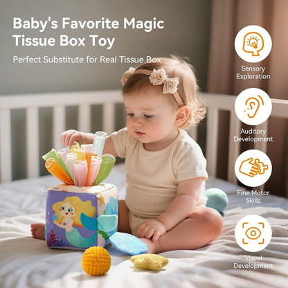 Youuys Baby Tissue Box Toy for Babies 6-12 Months, Montessori Sensory Toys for 1 Year Old Boy, Infant Toy with Crinkle Tissues & Fine Motor, for 6 9 12 18 Months Old Kids 1st Birthday