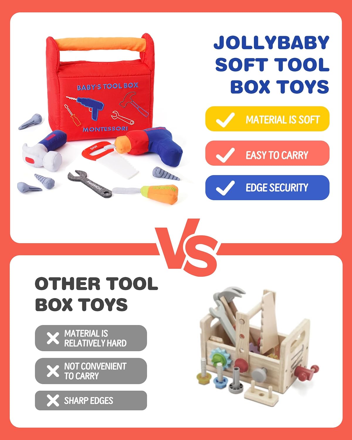 Jollybaby Soft Kid Tool Box Set Toy Inclub Drill Hammer Saw Wrench Screwdriver Screw for Baby, Montessori Preschool Educational Learning Construction Toys for Boy Birthday Gift - RED