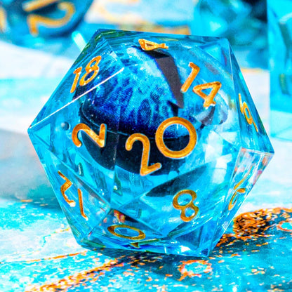 YEMEKO Beholder'S Eye D20 Dice Dragon Eye DND 22MM Single with Resin Sharp Edge 20 Sided D&D Handmade Polyhedral for Dungeons and Dragons, RPG, Roleplaying Games MTG Table Games(Blue Gold)