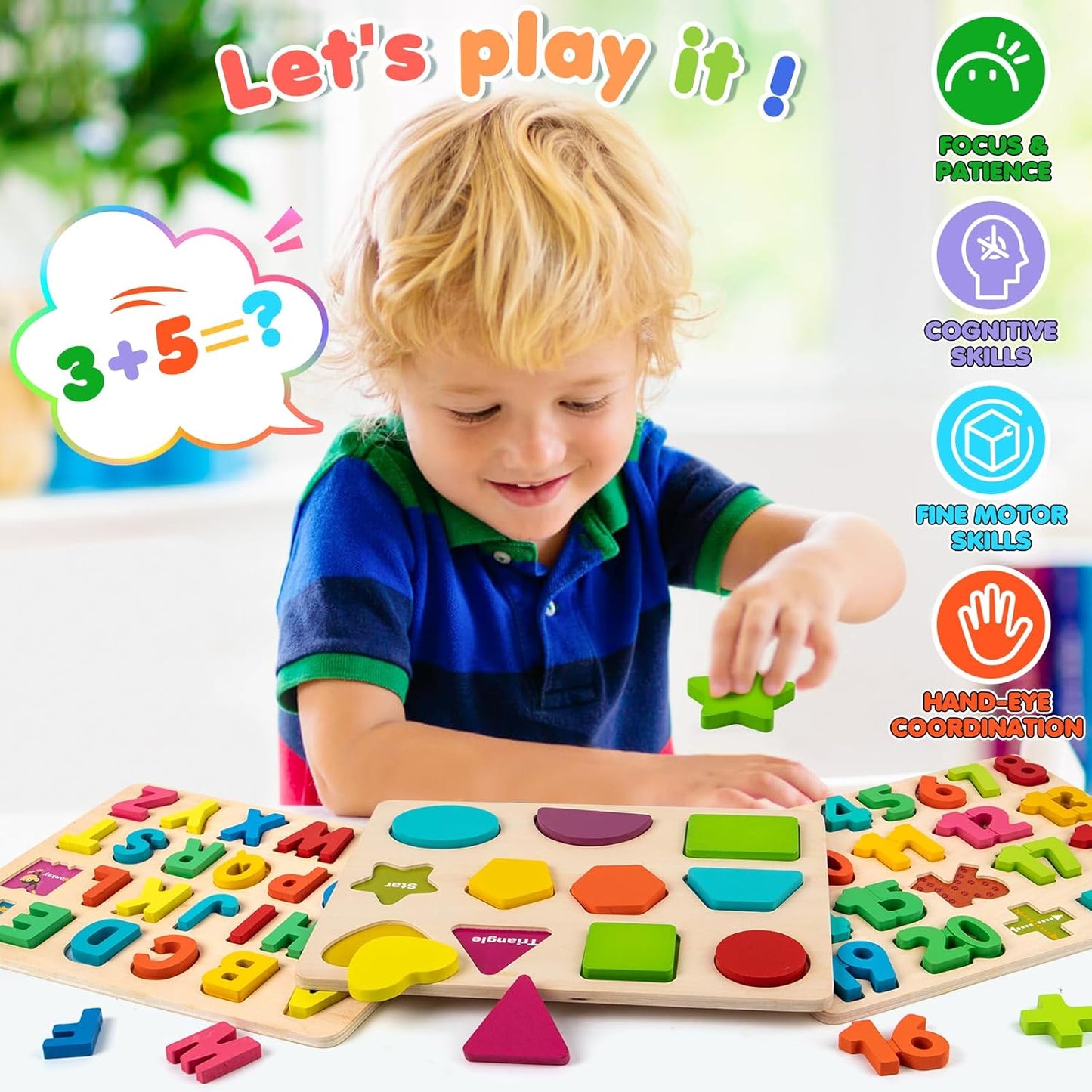 Attmu Wooden Puzzles for Toddlers, 6 Pcs Alphabet Puzzle ABC Shape Number Animal Farm Puzzle, Learning Toys for Kids, Preschool Educational Activities Toddler Gift Toys for Girls Boys Christmas Easter
