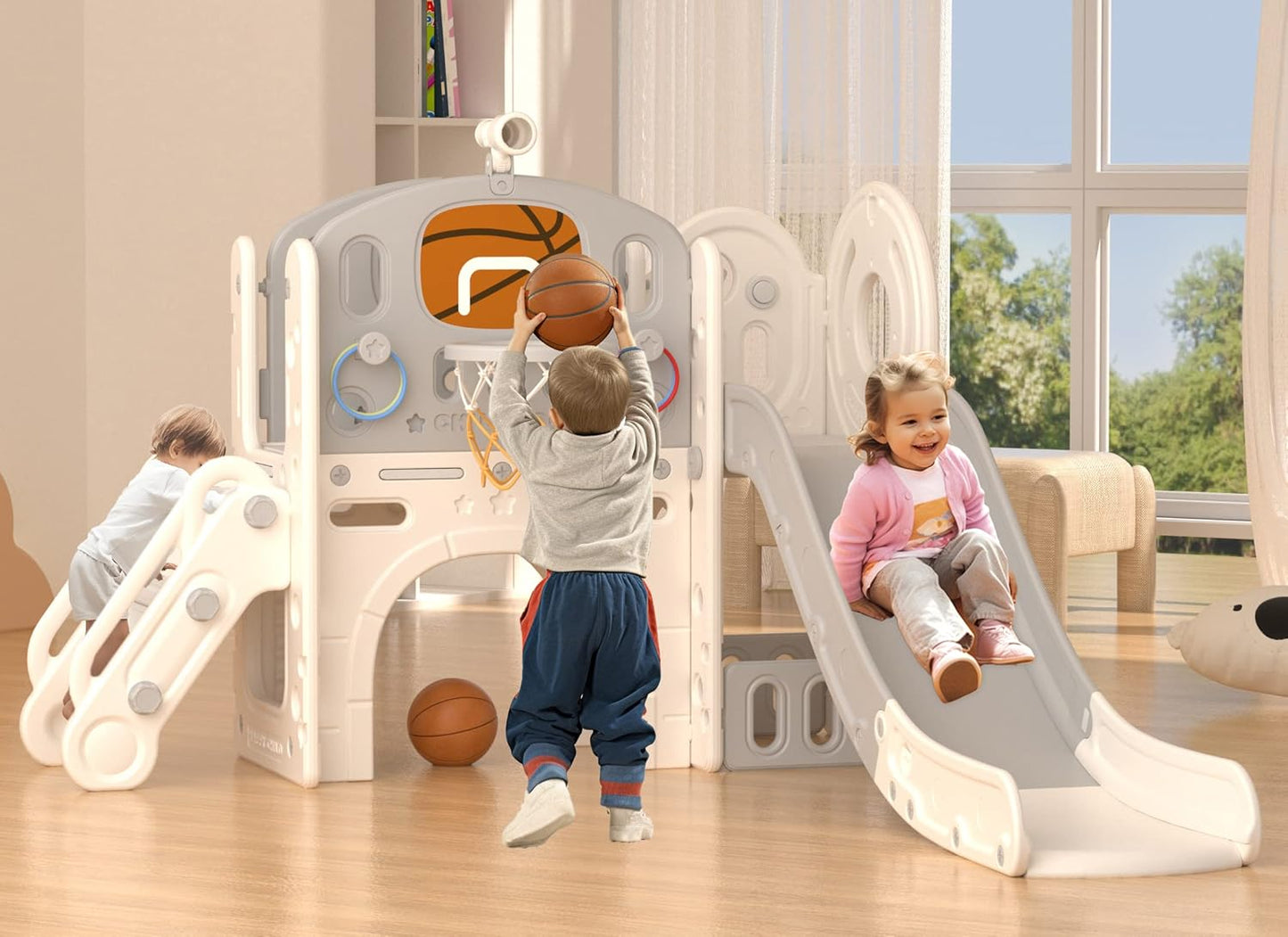 YUFU 9 in 1 Toddler Slide Set, Kids Slide for Toddlers Age 1-3, Toddler Playset with Climber and Basketball Hoop, Kids Indoor Outdoor Playground (Beige+Coffee)
