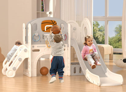 YUFU 9 in 1 Toddler Slide Set, Kids Slide for Toddlers Age 1-3, Toddler Playset with Climber and Basketball Hoop, Kids Indoor Outdoor Playground (Beige+Coffee)