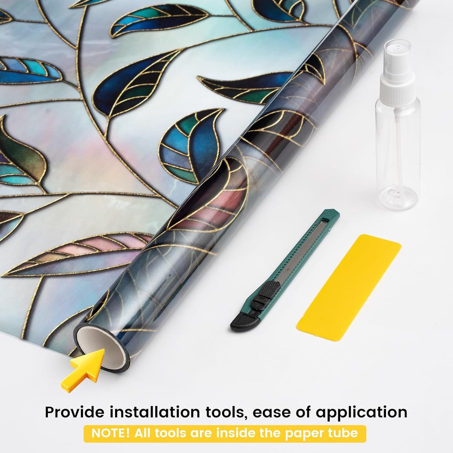 Leaf Pattern Window Tint with Installation Tools, Blackout Window Cover, Sun Blocking Window Tint for Home (Full Blackout Opaque, 17.7'' x 78.7'')