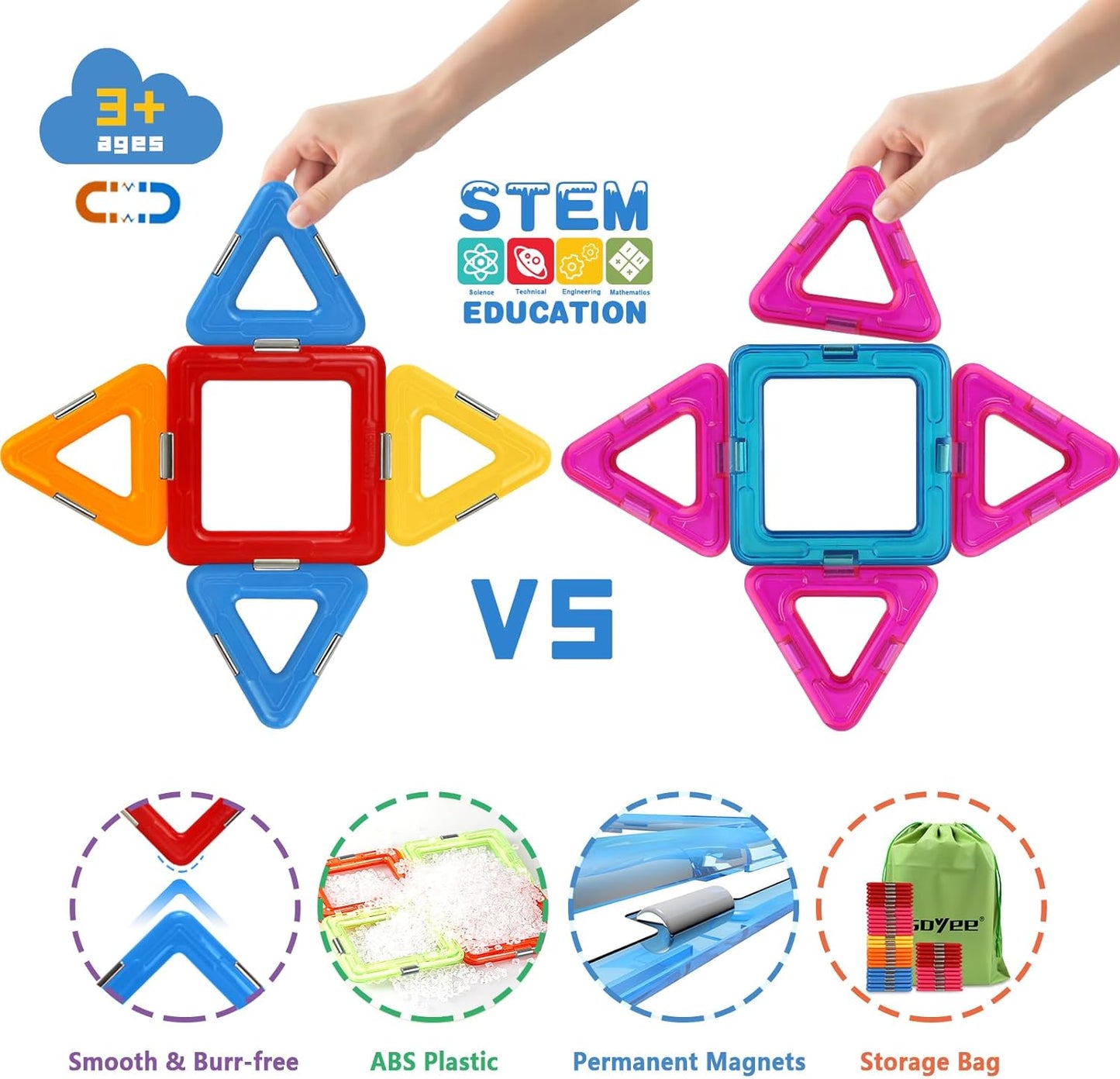 Coodoo Upgraded Magnetic Blocks Tough Tiles STEM Toys for 3+ Year Old Boys and Girls Learning by Playing Games for Toddlers Kids, Compatible with Major Brands Building Blocks - Starter Set