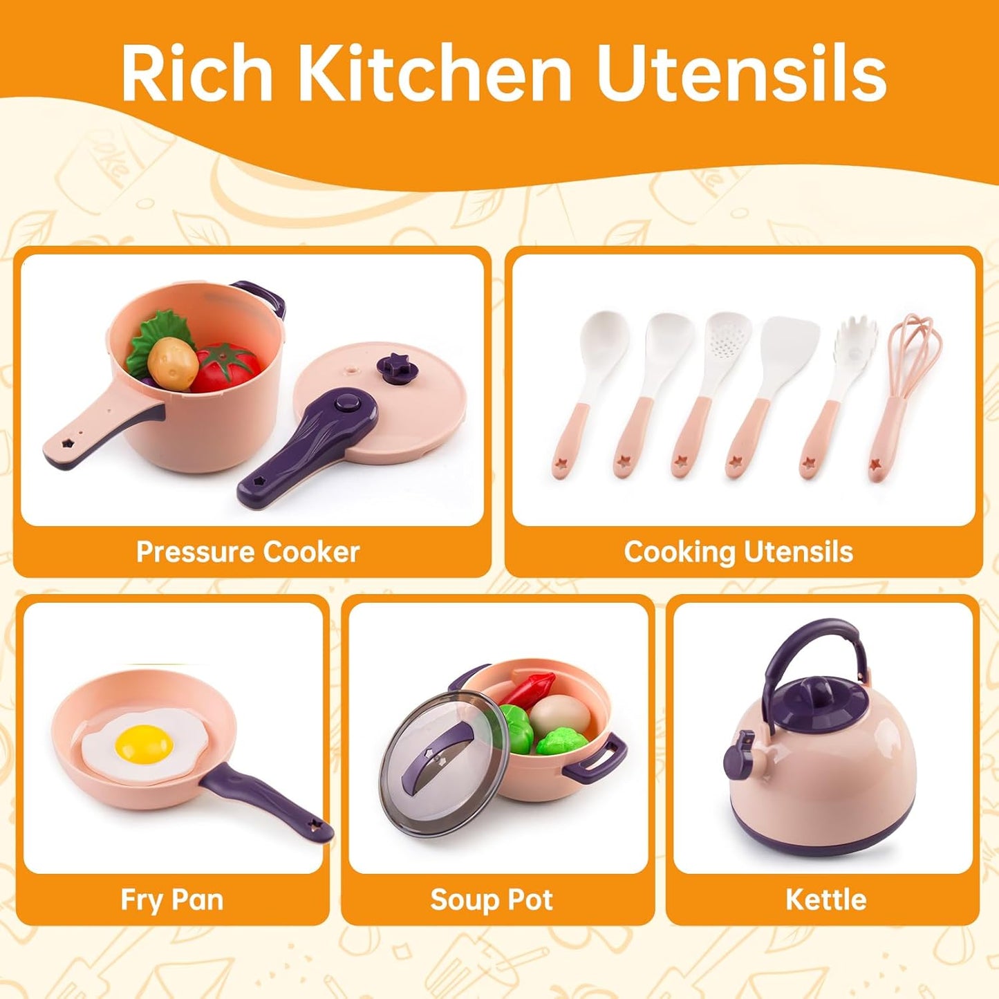 60Pcs Kids Mini Play Kitchen Accessories, Pretend Cooking Play Set with Cookware, Tableware & Fruit & BBQ Sets, Learning Gift for Boys, Girls, Toddlers,Yellow