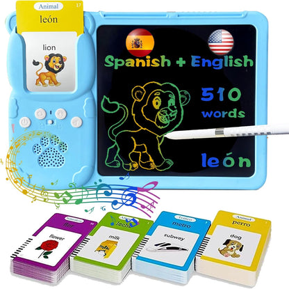 Talking English & Spanish Flash Cards - 8" LCD Writing Tablet for Kids 3-12, Bilingual 510 Sight Words, Toddler Pocket Speech, Drawing Sketch Pad, Autism Toys for Boys (Spanish, Blue)