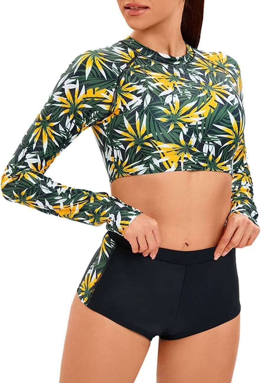JadeRich Women's Fashion Pattern Long Sleeve Tankini Sets UPF 50+ Rash Guard Swimsuit Sun Block Swimwear