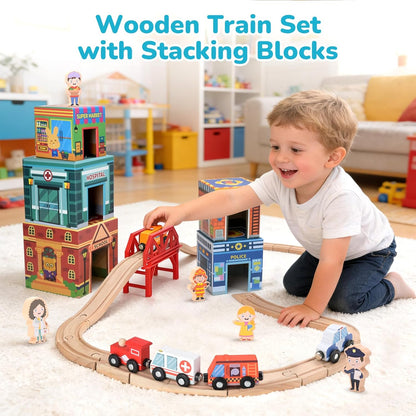 Wooden Train Set for Kids 3-7, Wood Train Tracks Complete Town Railway Playset with Matching Figures, Vehicles, Stacking and Nesting Blocks, Sorting & Stacking Toys Gifts for Boys Girls