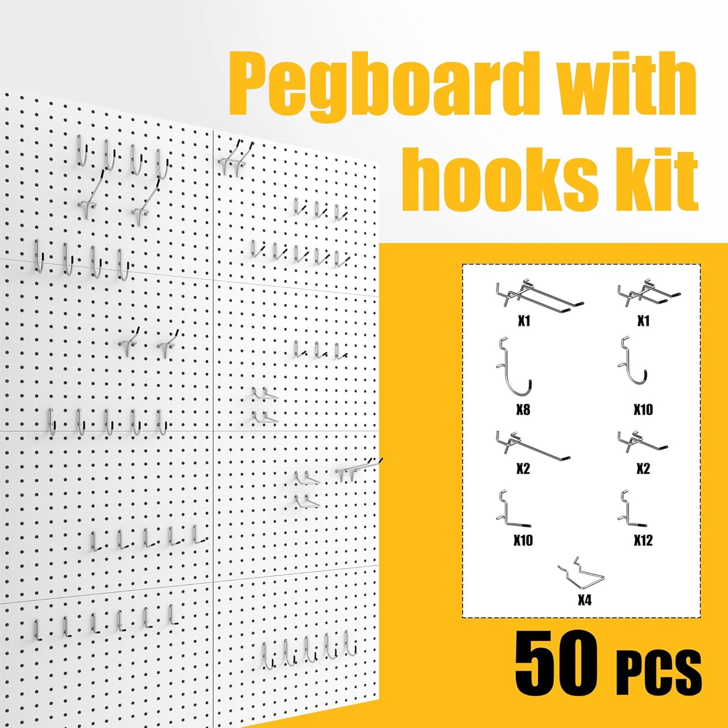 Spampur Peg Board, 4 Pack Metal Pegboard Panels with 50 Hooks, Black Pegboards Wall Organizer, Heavy Duty Peg Board for Walls Home, Garage Tool Storage, Office Organization, Craft Room, Kitchen