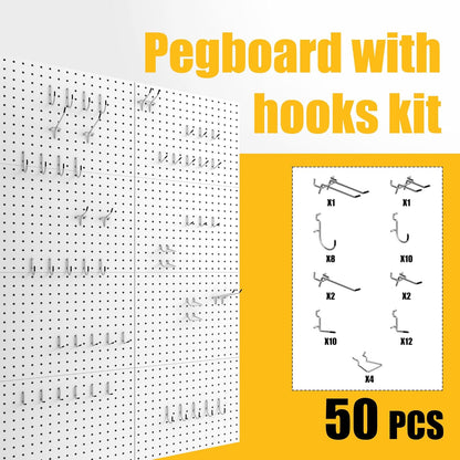 Spampur Peg Board, 4 Pack Metal Pegboard Panels with 50 Hooks, Black Pegboards Wall Organizer, Heavy Duty Peg Board for Walls Home, Garage Tool Storage, Office Organization, Craft Room, Kitchen