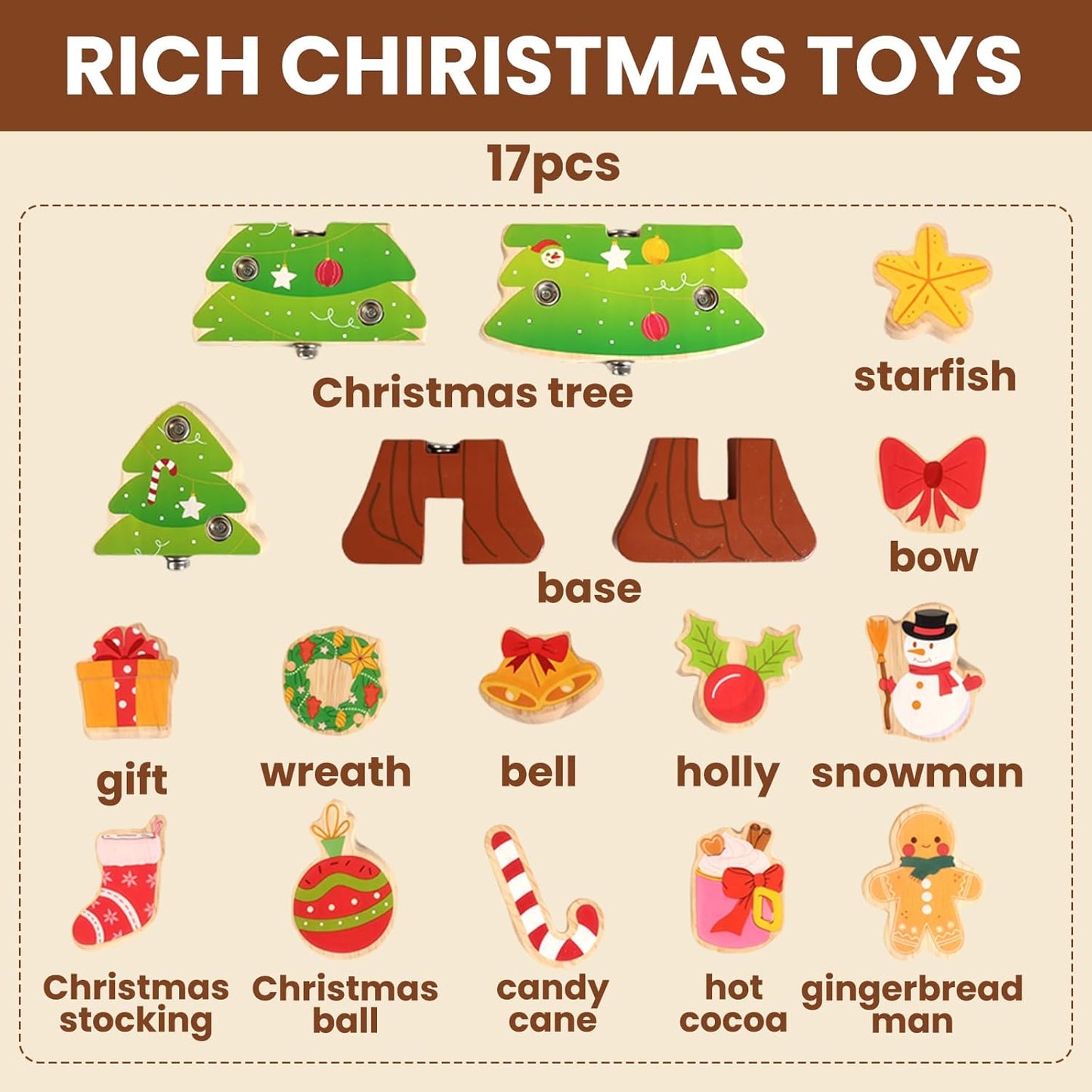HUZU Christmas Tree Snap Builders 2025 – Wooden Building Blocks, 3D Puzzle, DIY Montessori Fine Motor Toy, Christmas Ornaments, Decor, Gifts for Grandkids, Stocking Stuffers for Kids, Boys & Girls