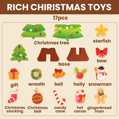 HUZU Christmas Tree Snap Builders 2025 – Wooden Building Blocks, 3D Puzzle, DIY Montessori Fine Motor Toy, Christmas Ornaments, Decor, Gifts for Grandkids, Stocking Stuffers for Kids, Boys & Girls