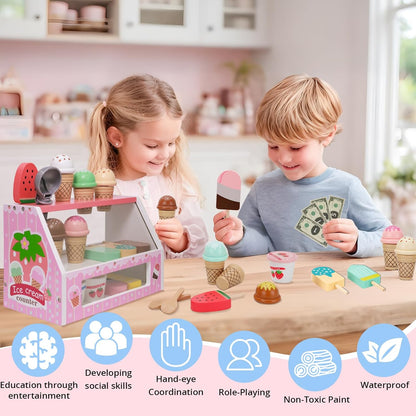 ZJEFUNS Wooden Ice Cream Toys for Kids Ice Cream Counter Shop for Toddlers Pretend Play Food Scoop and Serve with Scoop & Menu & Fake Money for Boys and Girls Ages 3 4 5 6 (Beige)