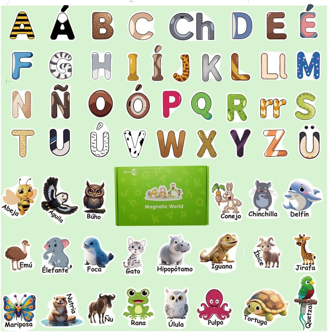 Spanish Magnetic Letters and Animals, Fridge Magnets for Toddlers, Animales y Abecedario para Niños en Español,