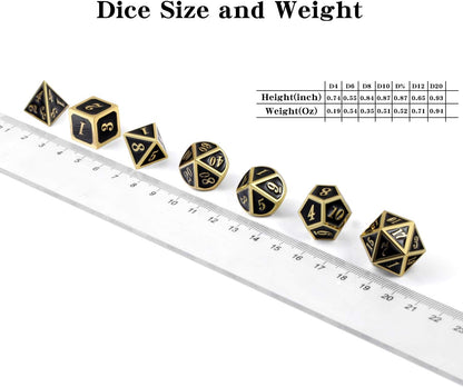 DnDnD Heavy Polyhedral Metal Dice Set with Metal Box, 7-die Shiny Blue Surface with Golden Number for RPG,Dungeons and Dragons,Pathfinder,Shadowrun,D&D,Role Palying Game and Math Teaching - Colors A