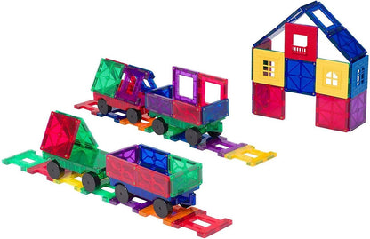 Playmags Magnetic Tiles Train Car Set for Kids - 55pcs Magnet Building Blocks Accessory Set with 4 Cars - Durable Creative STEM Learning Toys for Boys, Girls & Toddlers