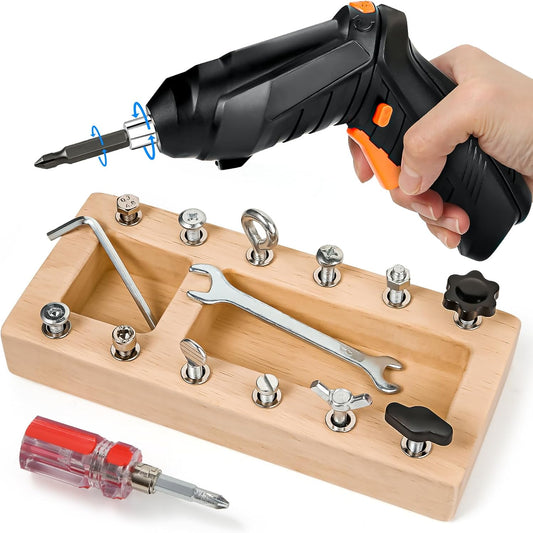 Montessori Screwdriver Board Set with Electric Drill, Wooden Montessori Busy Board Toys Screw Driver Activities Tools for 3 4 5 Year Old Kids, Sensory Learning STEM Fine Motor Skills Toys for Boys