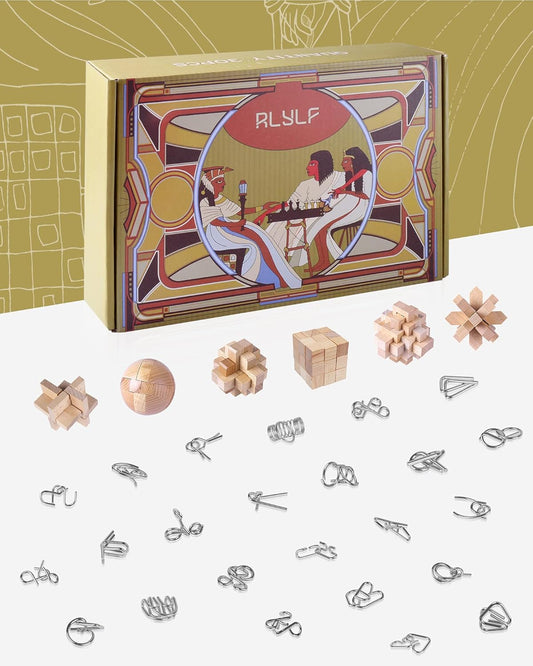 RLYLF 30pcs Brain Teaser Puzzles Game for Adults and Kids Ancient Wooden and Metal Puzzles 3D Educational Toys IQ Logic Train Family Games Party Favor Coffee Time Unlock Interlock Puzzles Box