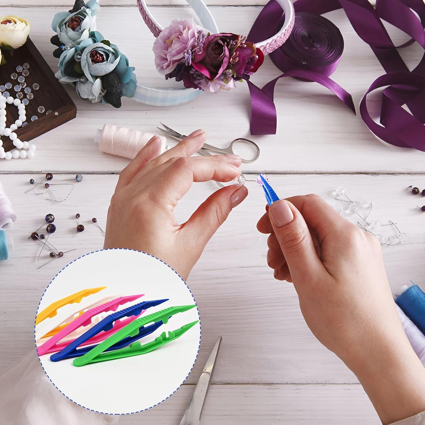 QVYQVY 10PCS Fine Point Bead Tweezers, Plastic Tweezers for Kids, Professional Beading Tools, for DIY Handmade Jewelry Making, Home School Beading Projects, Adults and Kids，5 Colors 2pcs per Color